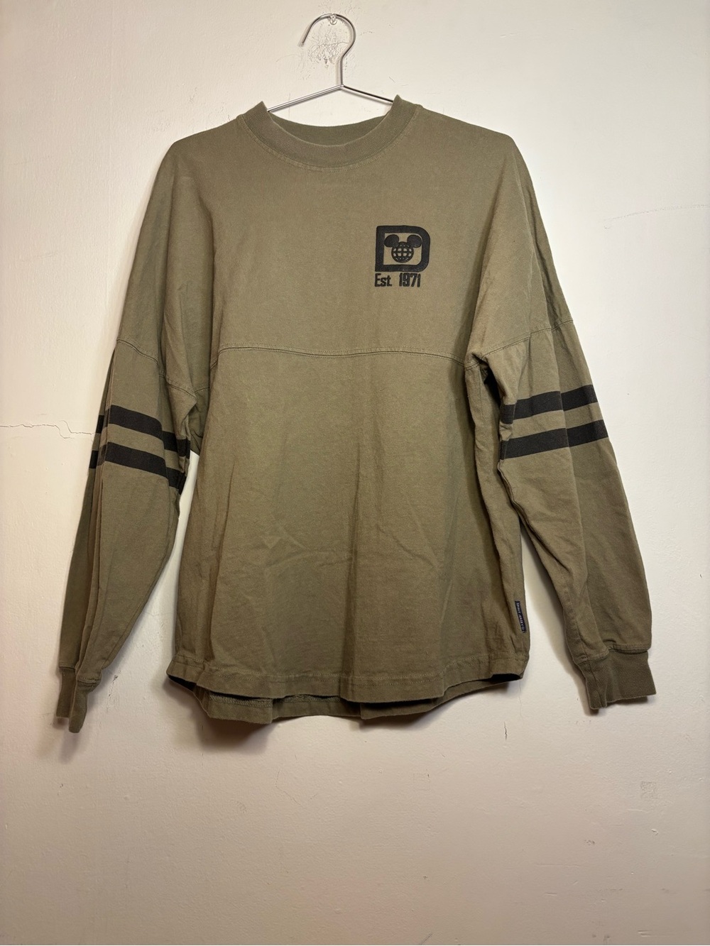 Disney Olive Green Long Sleeve Crewneck with Black Sleeve Stripes